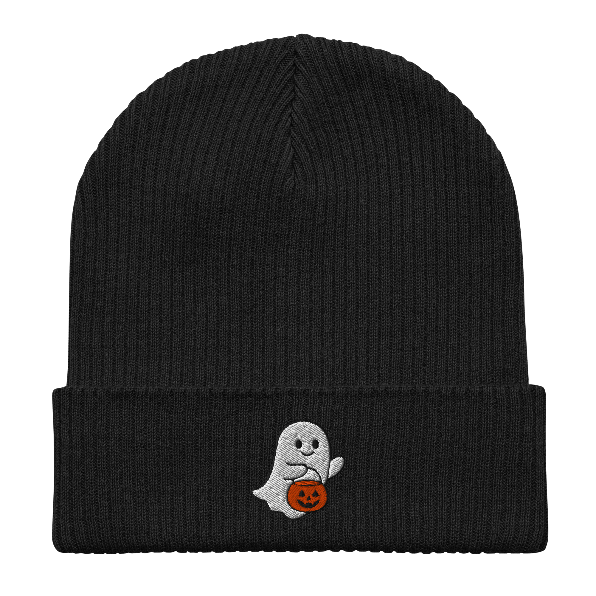 Embroidered Ghost Halloween | Organic Cotton Ribbed Beanie - Heartland Stitch