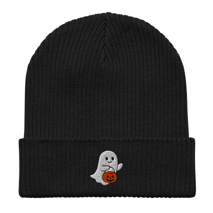 Embroidered Ghost Halloween | Organic Cotton Ribbed Beanie - Heartland Stitch