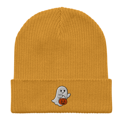 Embroidered Ghost Halloween | Organic Cotton Ribbed Beanie - Heartland Stitch