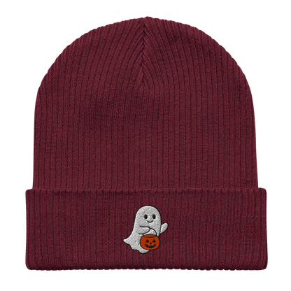 Embroidered Ghost Halloween | Organic Cotton Ribbed Beanie - Heartland Stitch