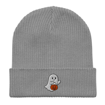 Embroidered Ghost Halloween | Organic Cotton Ribbed Beanie - Heartland Stitch