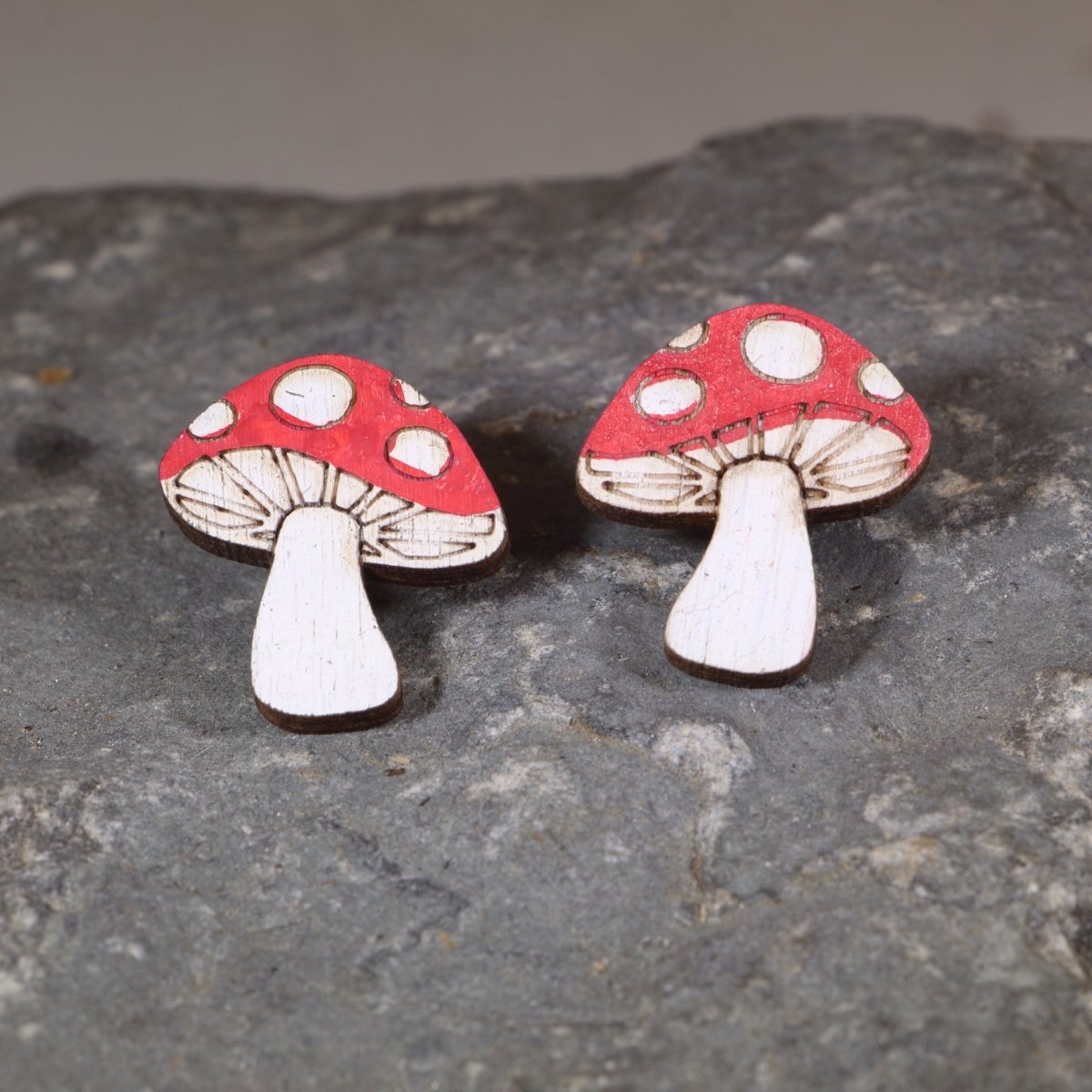 Enchanted Mushroom Wooden Earrings - Studs - Cate&