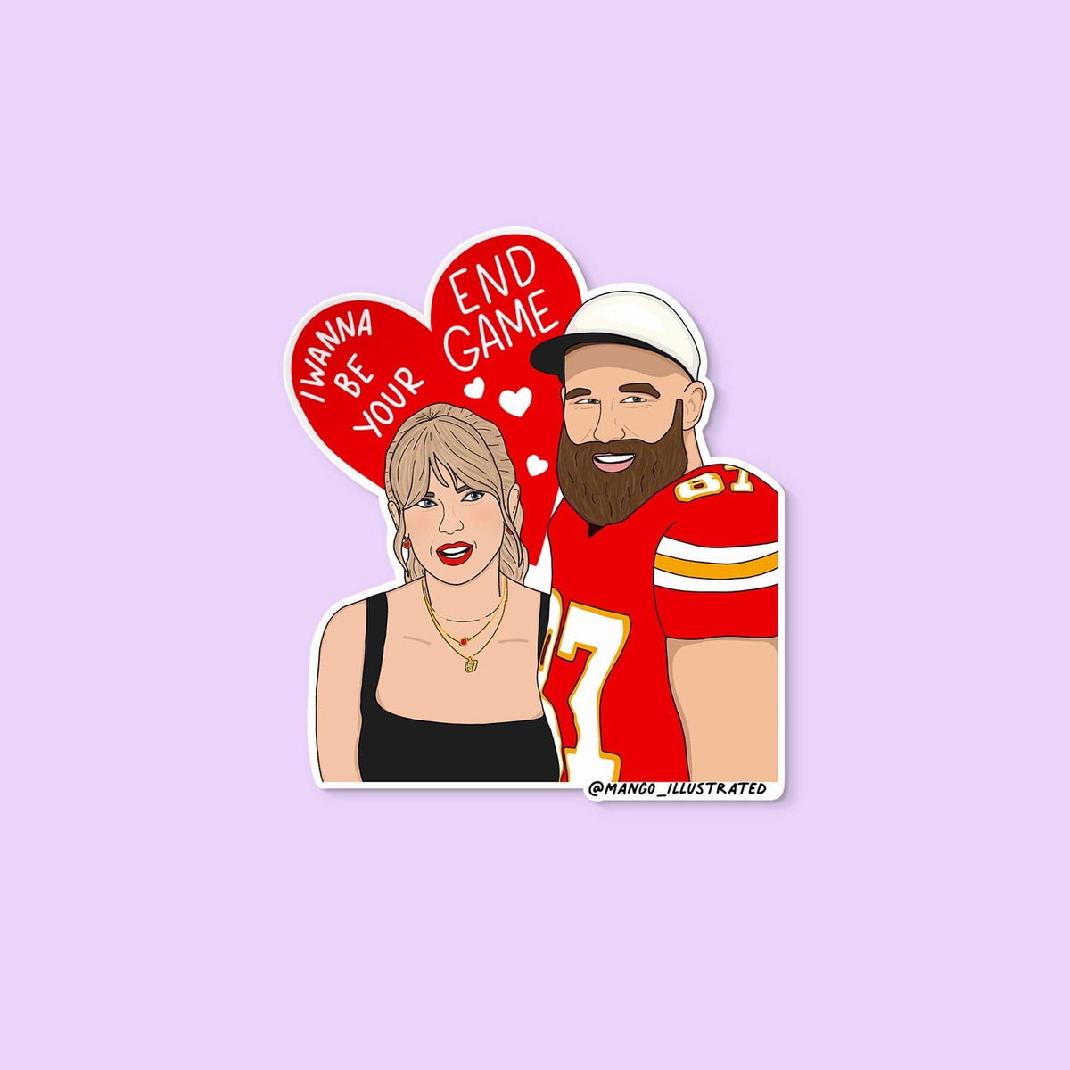 Endgame sticker — illustrated portrait of two people in front of a lettered heart, by MangoIllustrated