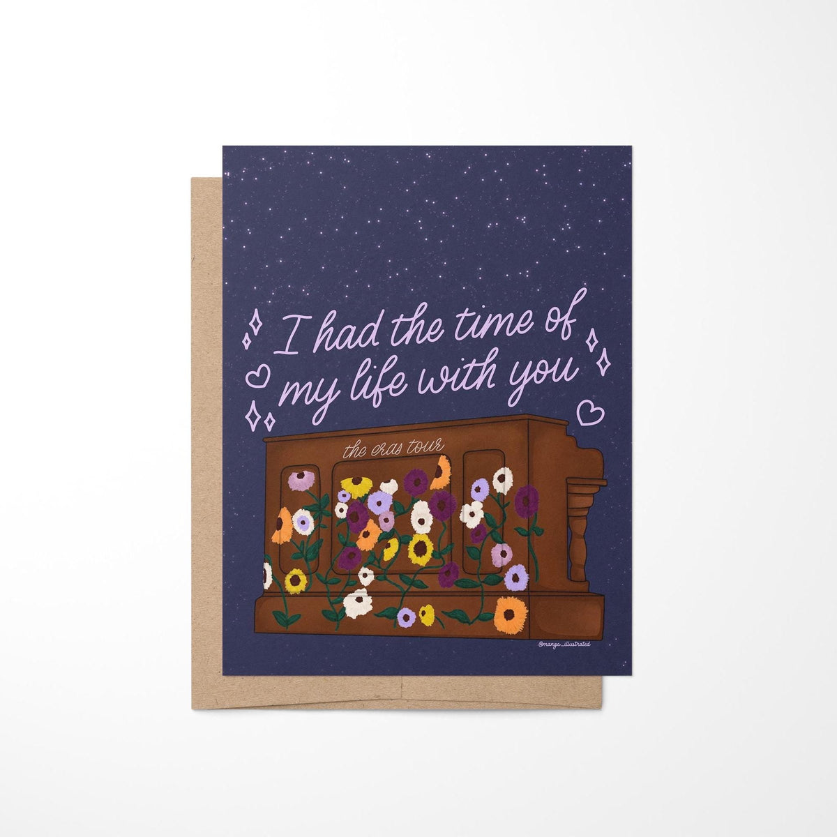 Eras Tour surprise song acoustic piano card detail — starry night sky illustration and hand lettering close up, by indie artist MangoIllustrated