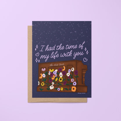 Eras Tour surprise song acoustic piano card — illustrated piano under a star filled night sky with hand lettered greeting, 4.25 x 5.5 in, by MangoIllustrated