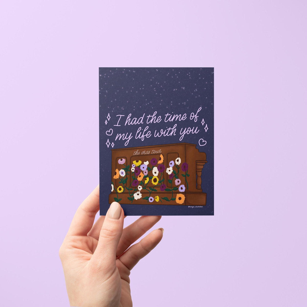 Eras Tour surprise song acoustic piano card flat lay — concert memory friendship card, by indie artist MangoIllustrated