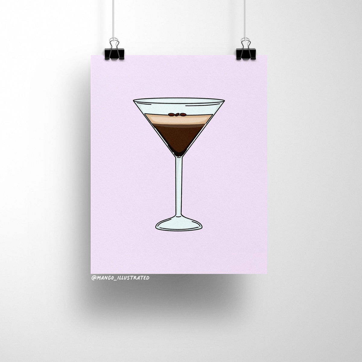 Espresso Martini art print styled on a bar cart — coffee and cocktail kitchen wall decor, by indie artist MangoIllustrated