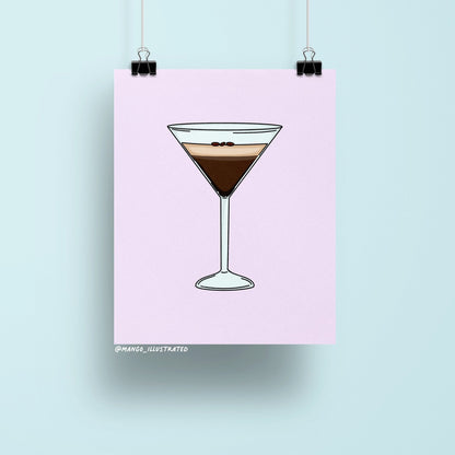 Espresso Martini art print — illustrated espresso martini cocktail on a soft lilac background, 8 x 10 in, by MangoIllustrated
