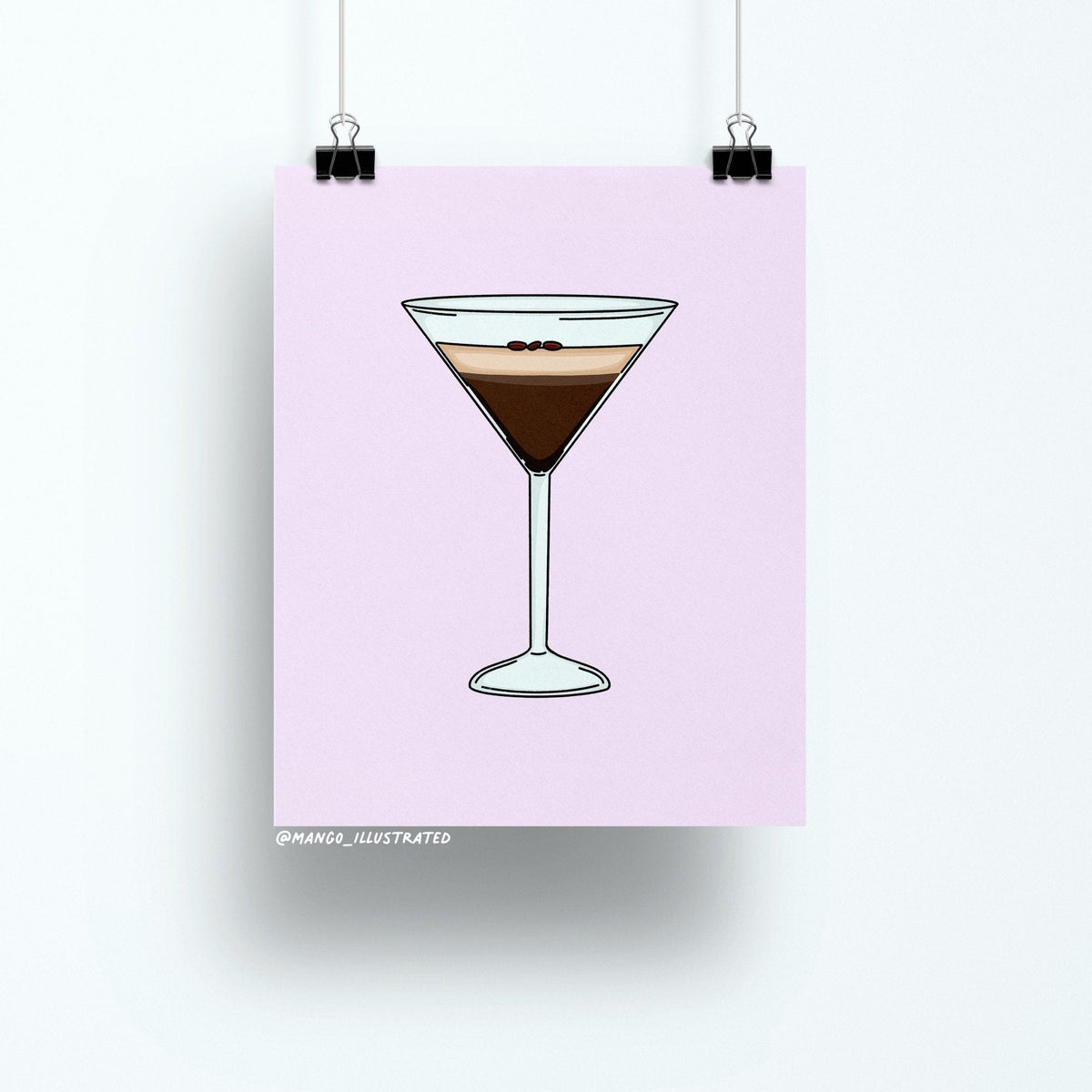 Espresso Martini art print flat lay — cocktail wall art on matte art paper, by indie artist MangoIllustrated