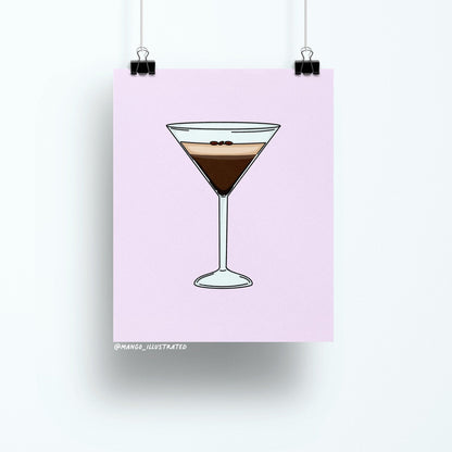 Espresso Martini art print flat lay — cocktail wall art on matte art paper, by indie artist MangoIllustrated