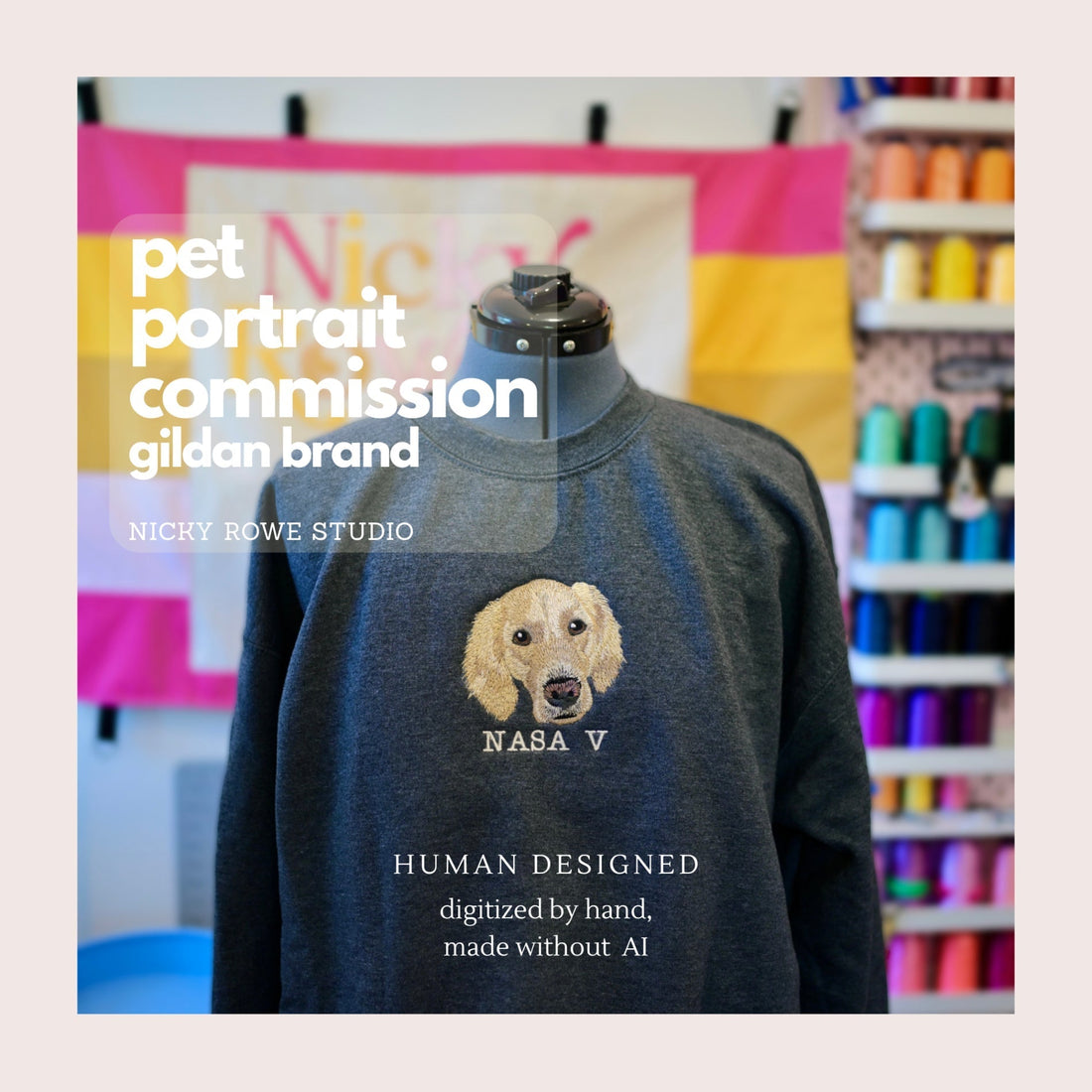 Custom Pet Portrait Embroidery on Crew Sweatshirt or Hoodie - $5 Donation to Caitie&
