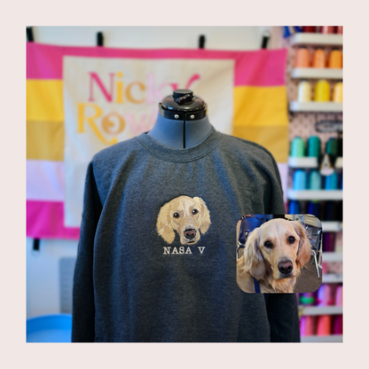 Custom Pet Portrait Commission - Hand-Drawn Embroidery on Independent Brand Crew Sweatshirt