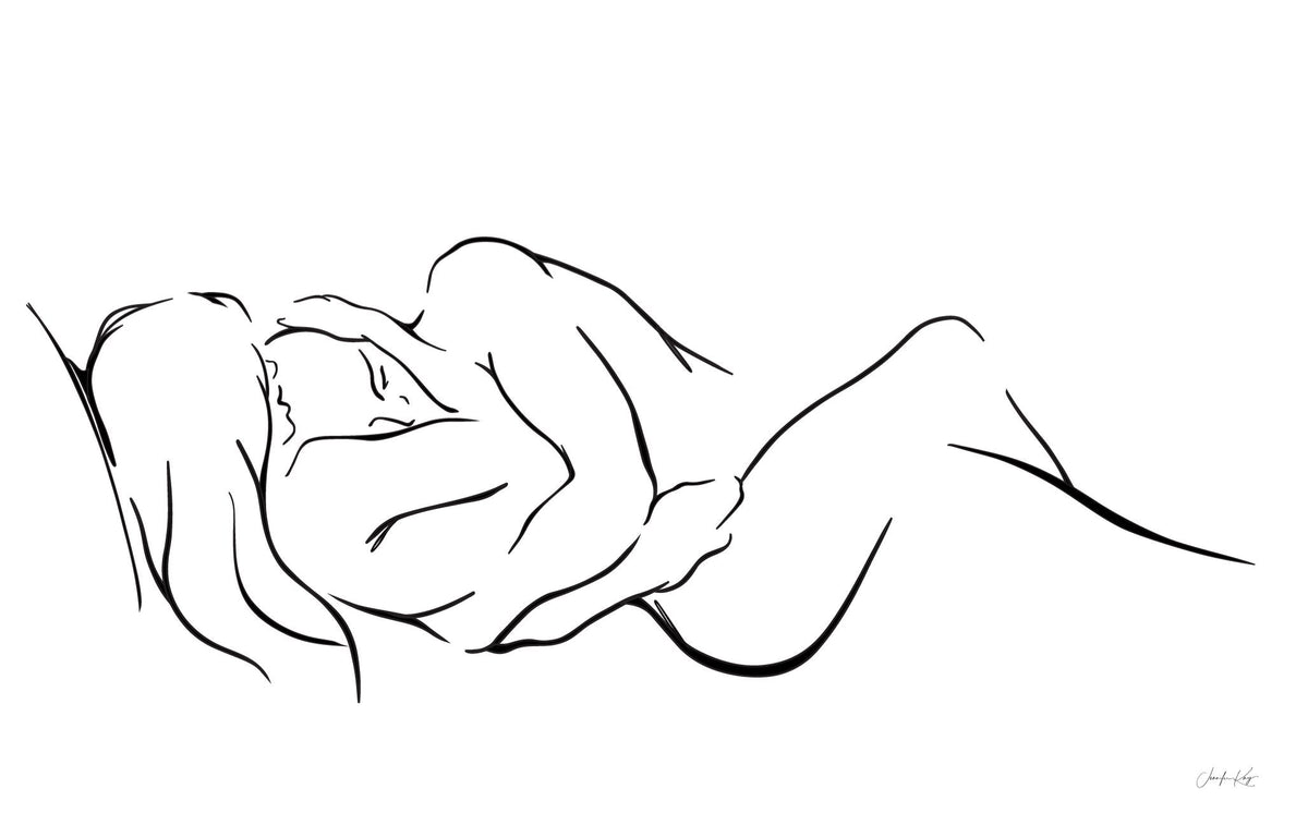 An elegant and classy minimalist line art print on a white background depicting two intertwined figures, embracing one another and finding peace and love.