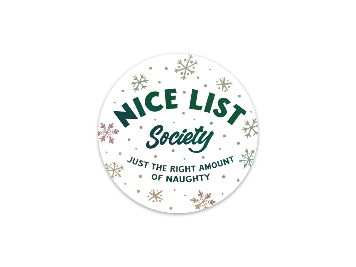 A round white sticker with a festive holiday design featuring the text &