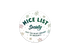 A round white sticker with a festive holiday design featuring the text &