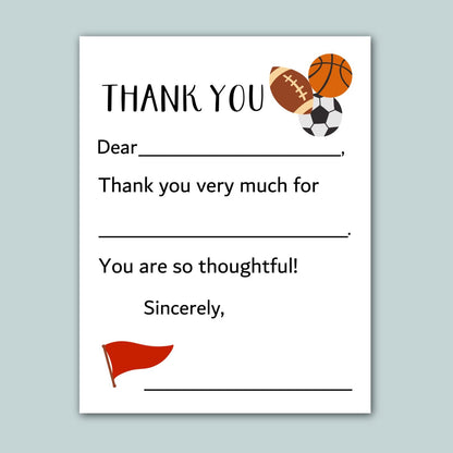 a blank thank you card with a sports theme, featuring a football, basketball, and soccer ball. The card is blank, so there are no words to describe.