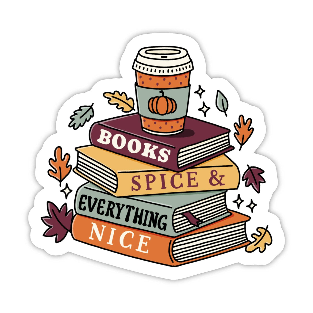 A die-cut sticker featuring a stack of four books with autumn-themed illustrations, including a coffee cup, leaves, and stars. The books are labeled &