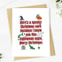A white Christmas greeting card with red text reading &
