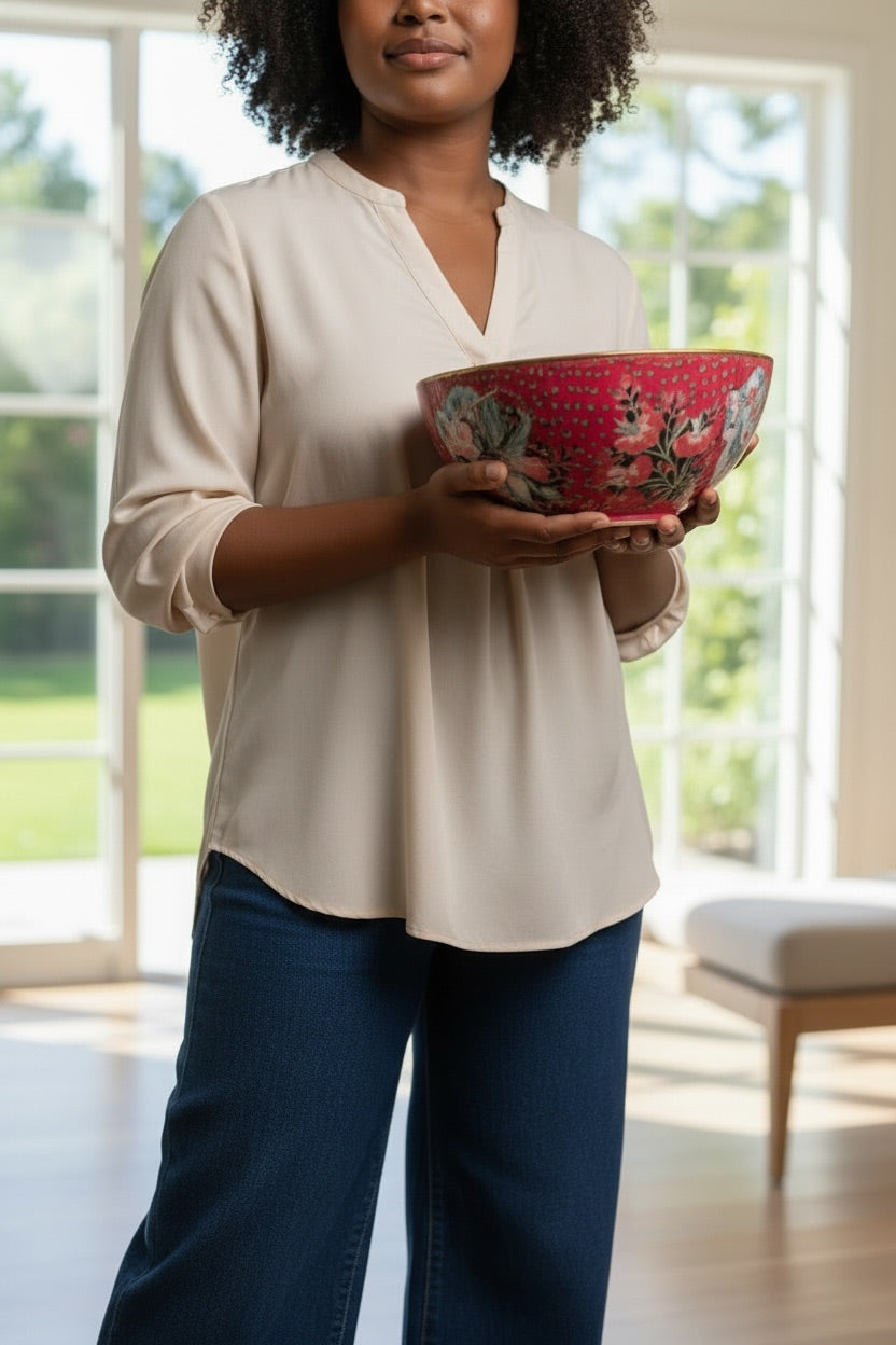 Large Vintage Bowl with Gold Edging and Embellishment Decoupaged in Vibrant Japanese Art Paper.