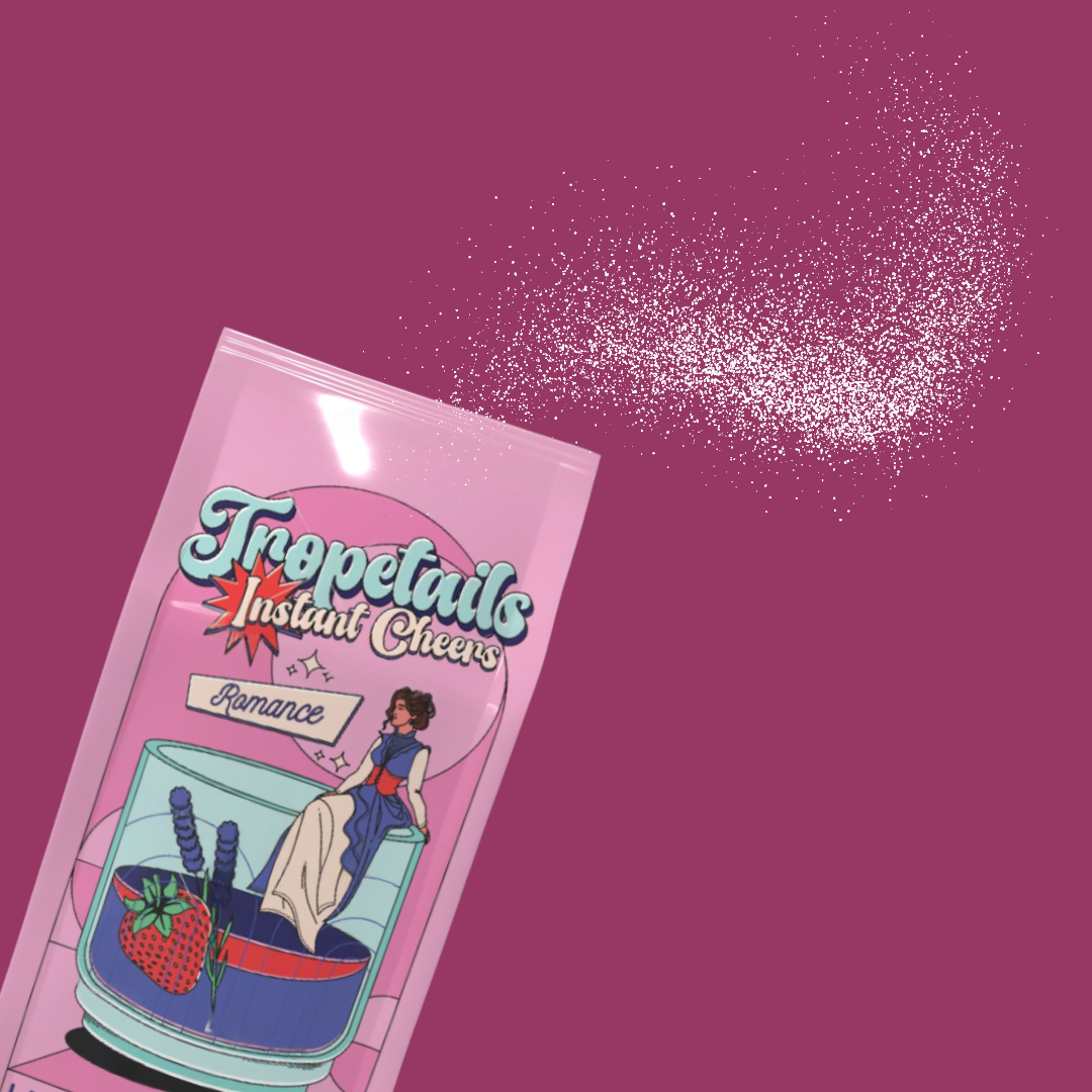 Pink packaging of Tropetails Instant Cheers on a purple background