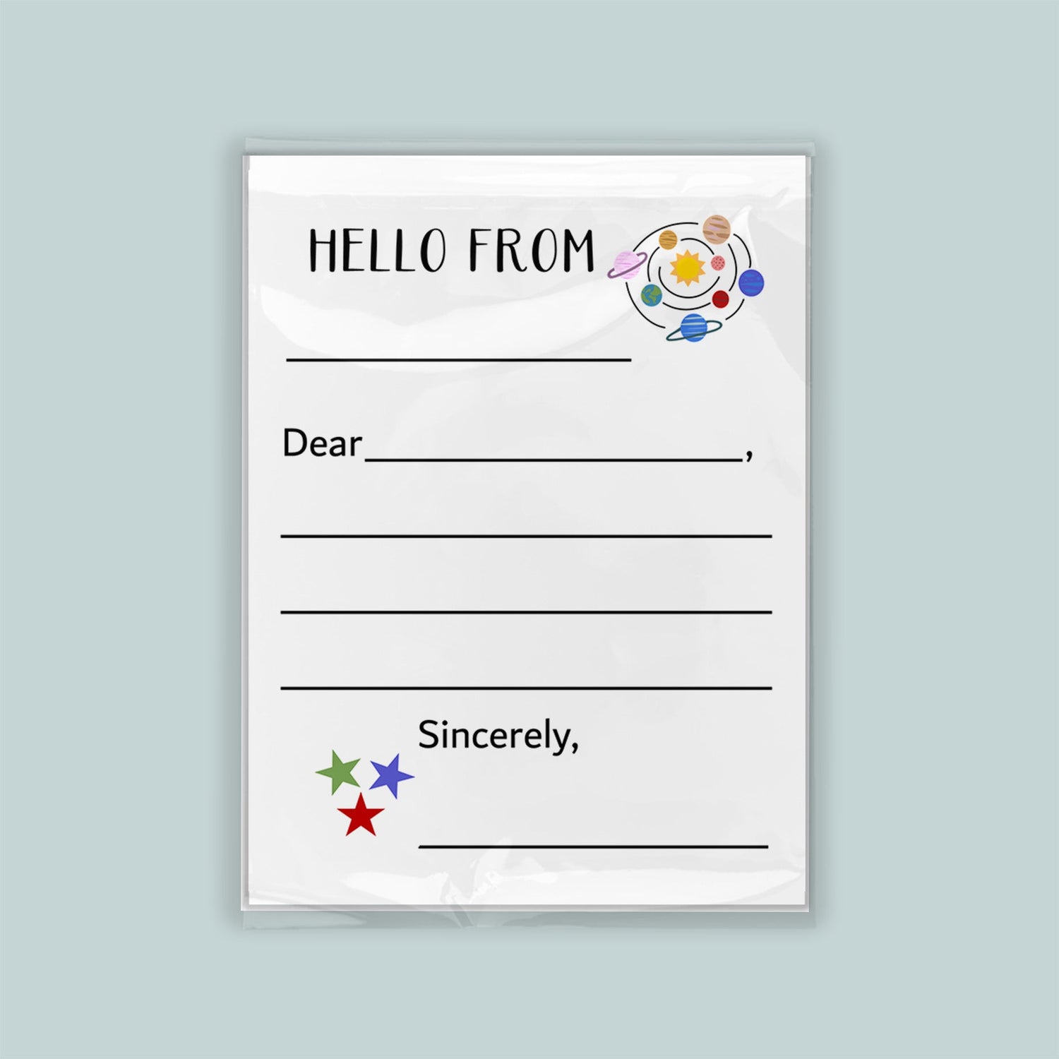 The image is a blank letterhead with a space-themed design, including planets and stars, and a message that reads "Hello from" followed by an empty space for a response.