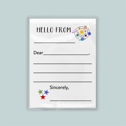 The image is a blank letterhead with a space-themed design, including planets and stars, and a message that reads "Hello from" followed by an empty space for a response.
