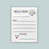 The image is a blank letterhead with a space-themed design, including planets and stars, and a message that reads "Hello from" followed by an empty space for a response.