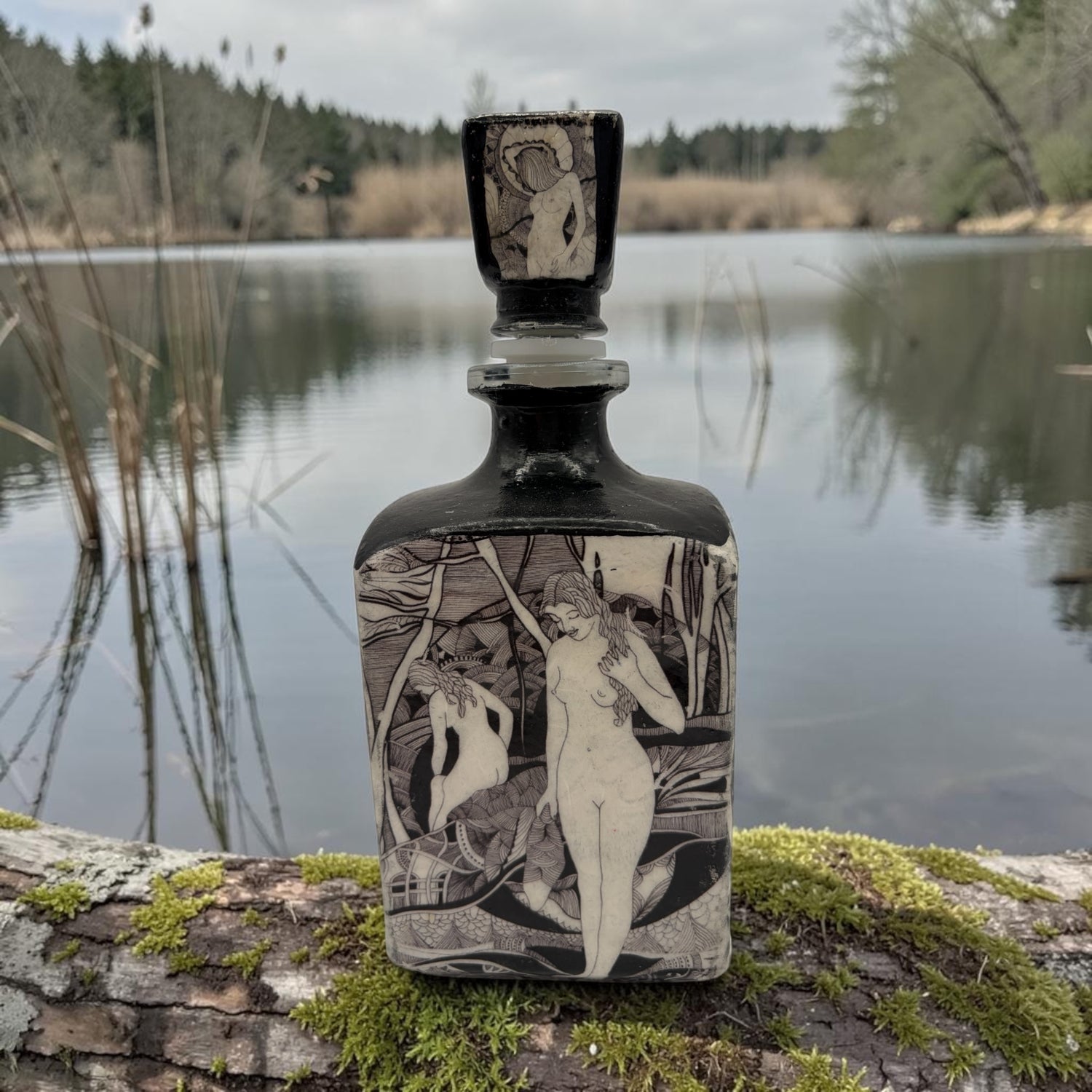 Decoupaged Tequila Bottle, Art Nouveau Maiden Black White Bar Decor, Refillable Liquor Bottle, Handmade Upcycled Art
