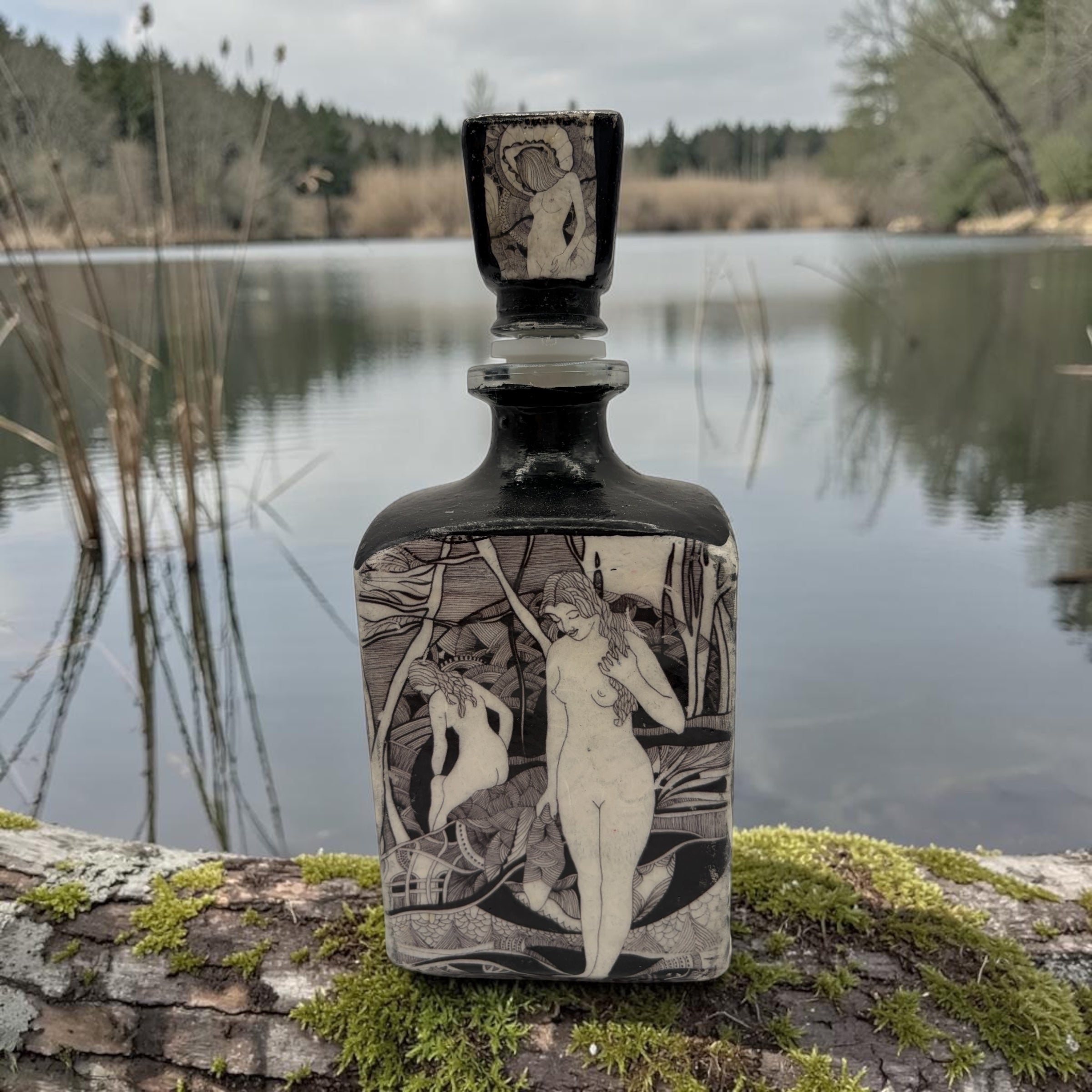 Decoupaged Tequila Bottle, Art Nouveau Maiden Black White Bar Decor, Refillable Liquor Bottle, Handmade Upcycled Art