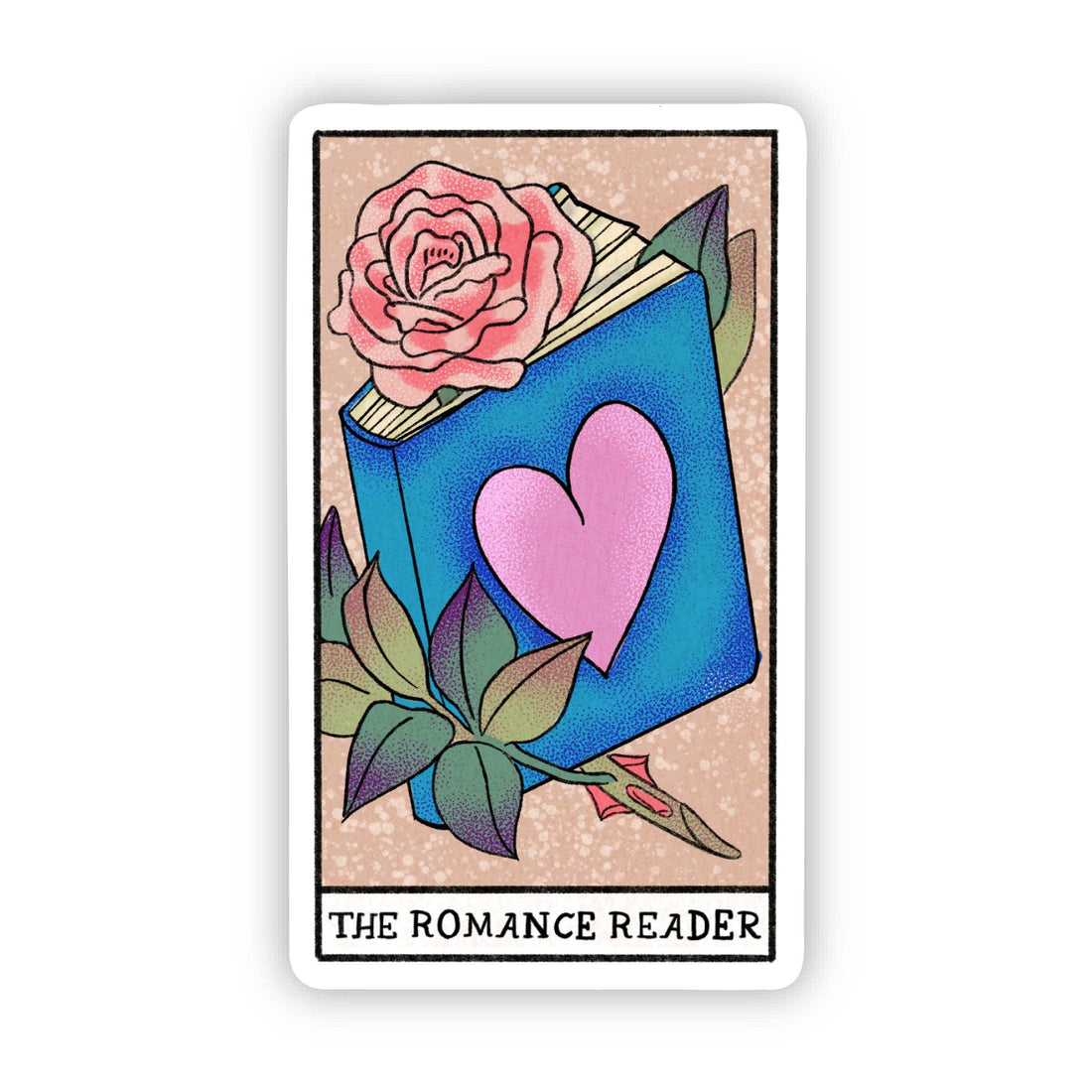 Sticker with a book, rose, and heart design labeled &