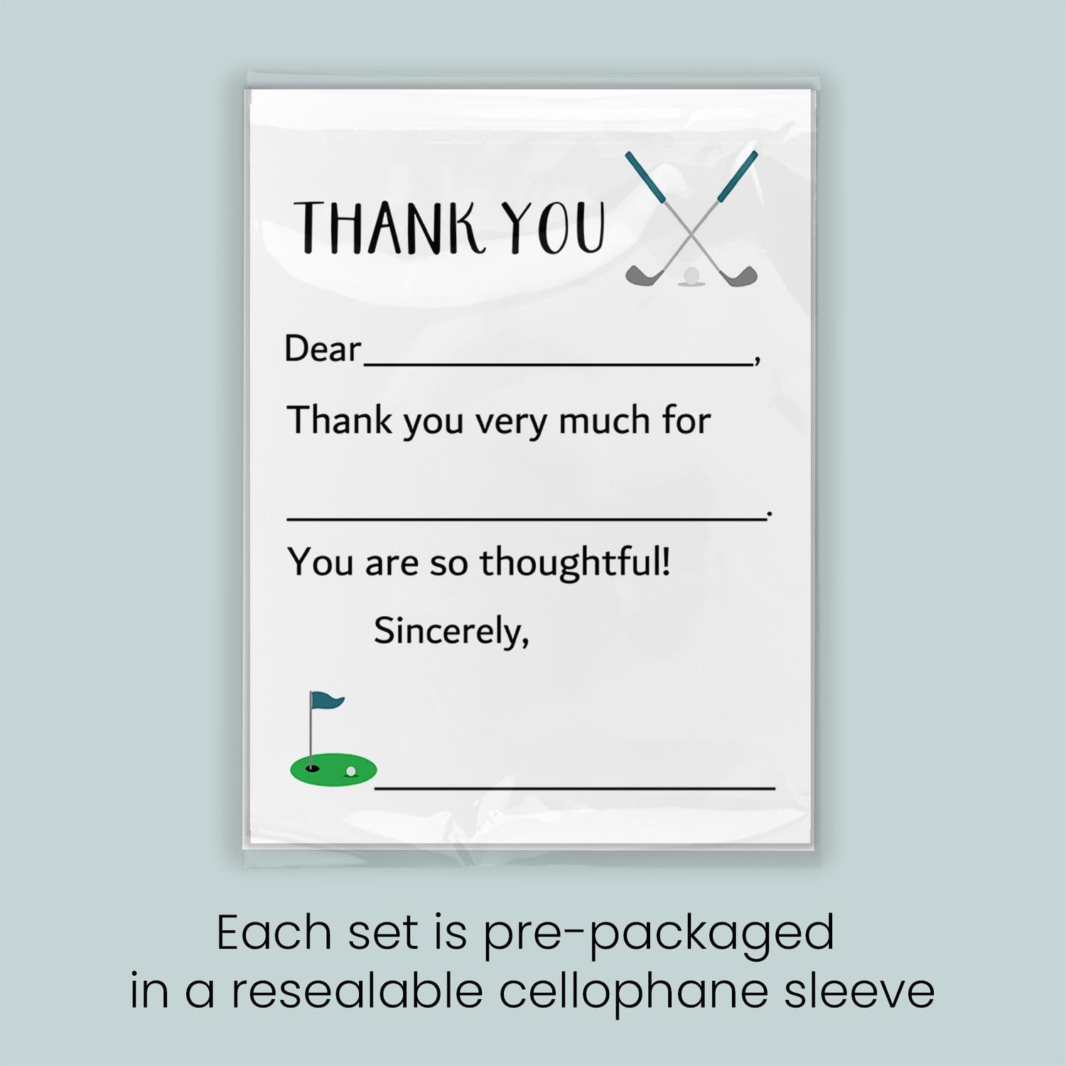 The image is a thank you card with a golf course design, and each set is pre-packaged in a resealable cellophane sleeve.