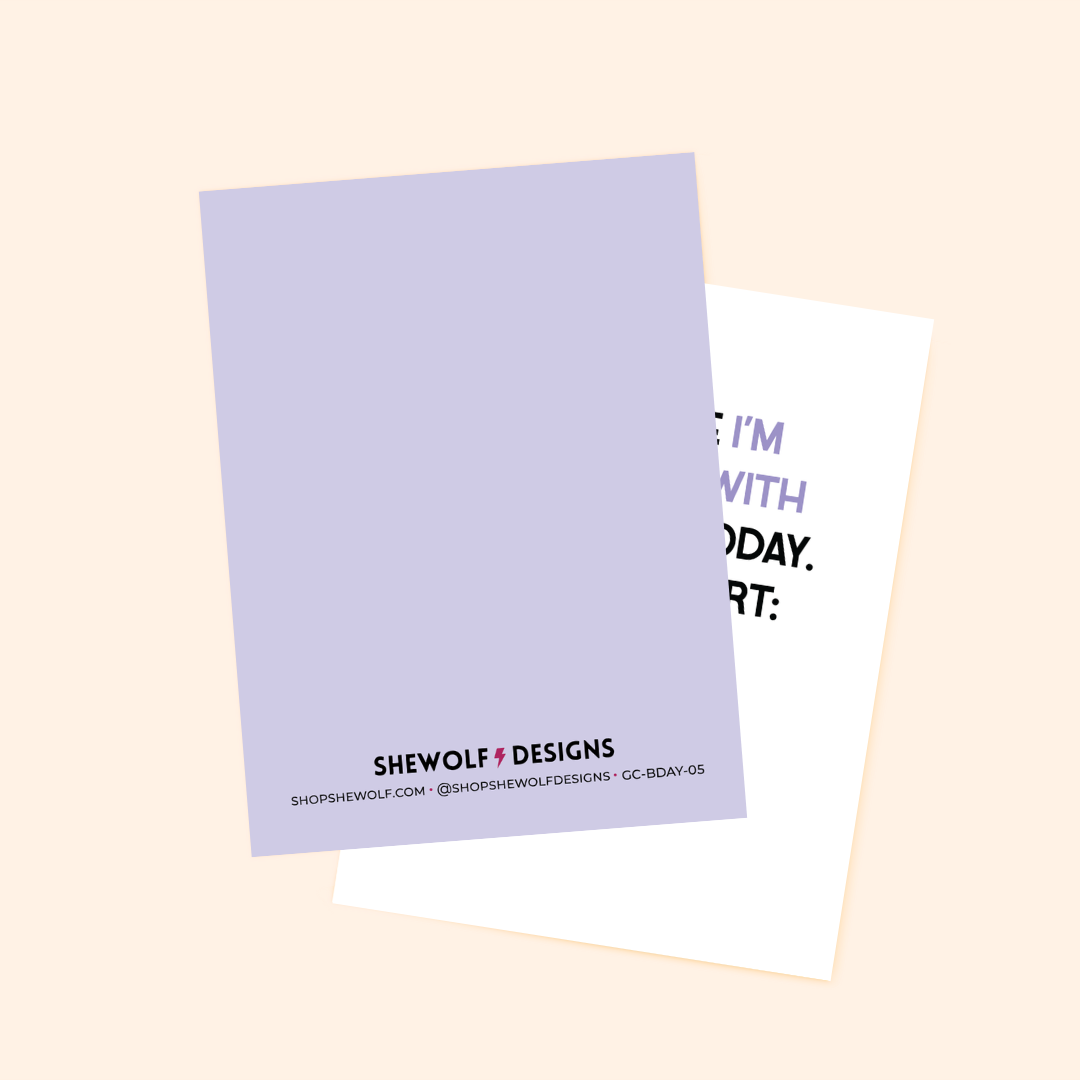 Purple greeting card with text on a beige background