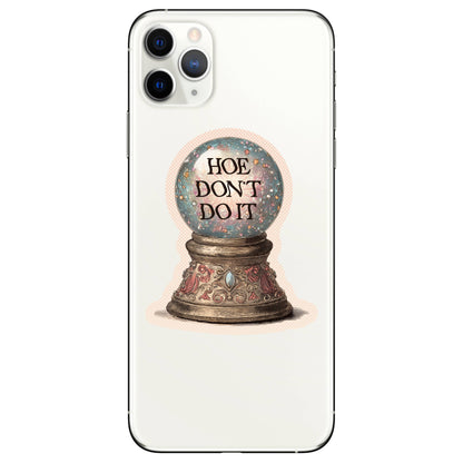 Phone case with a snow globe design and text on a white background
