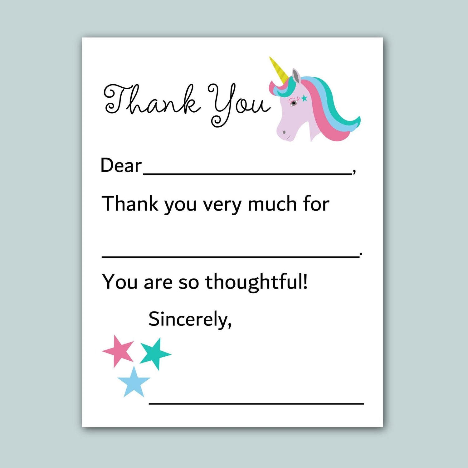 The image is a white card with a unicorn and stars on it. The card has a message that says "Thank You" and a blank space for a response.