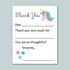The image is a white card with a unicorn and stars on it. The card has a message that says "Thank You" and a blank space for a response.