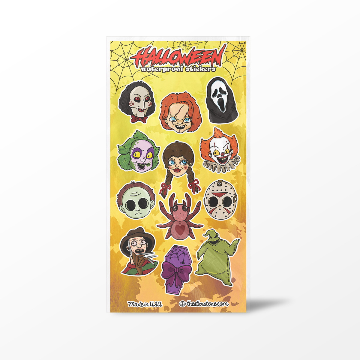 A vertical sticker sheet featuring cartoon-style horror character faces and masks on a yellow-orange gradient background with a spiderweb and the text &