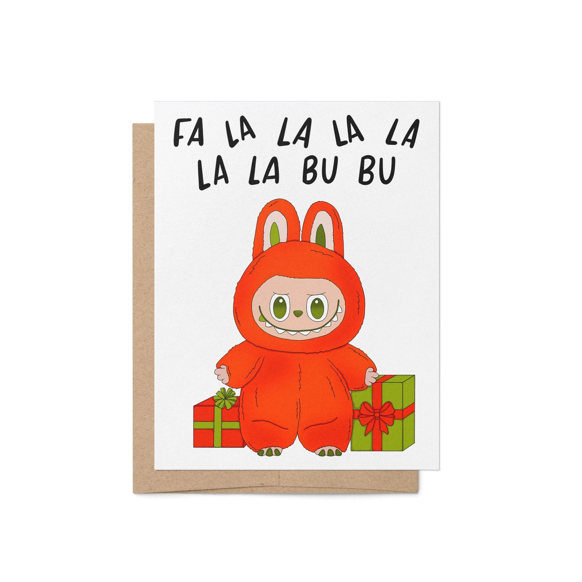 Fa La La Monster holiday card — hand drawn little monster with fa la la bu bu lettering, A2 4.25 x 5.5 inches, by MangoIllustrated