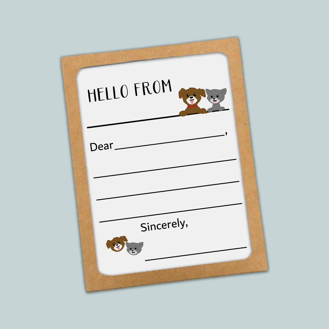 The image is a greeting card with a brown frame and a white background. The card has a message that reads "Hello from" and includes a blank space for a response. There are also two small images of dogs and cats on the card.
