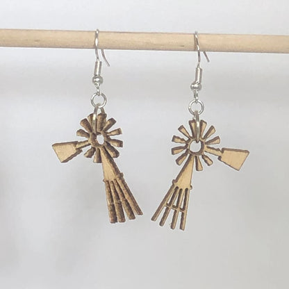 Farmland Prairie Windmills Wooden Dangle Earrings - - Cate&