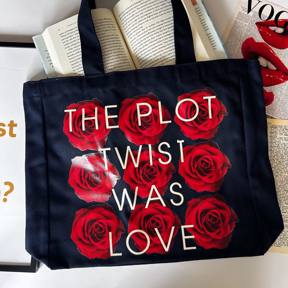 Black tote bag with red roses and &