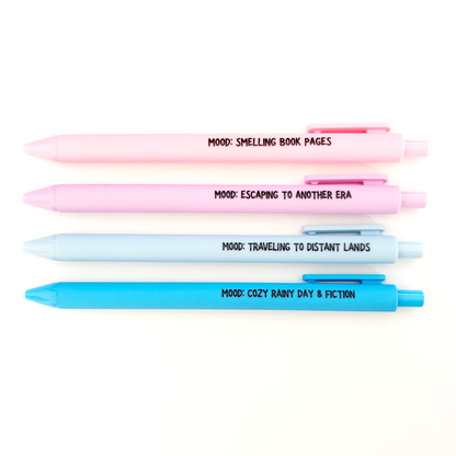 Four pastel-colored retractable pens arranged vertically on a white background, each with a different title printed in black text: &