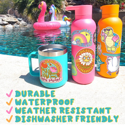 Colorful insulated mug and water bottles by a pool with text highlighting features.
