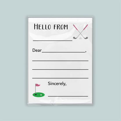 The image is a greeting card with a golf-themed design. The card has a blank space for a message and includes a golf club and flag illustration.