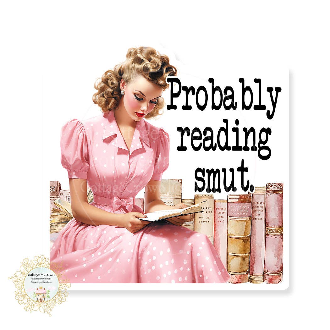 Vintage-style illustration of a woman in a pink dress reading a book with text &