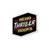 A hexagonal sticker or decal with a black background and white border, featuring the text &