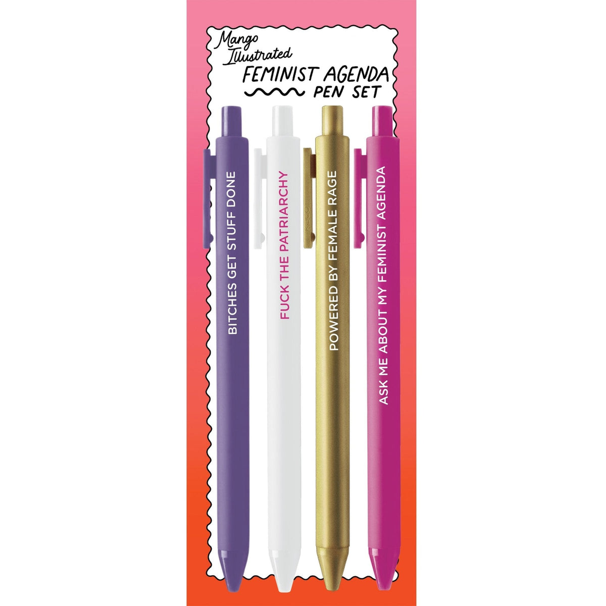 Feminist Agenda Pen Set in its cello sleeve with card backing — feminist stationery gift by indie artist MangoIllustrated