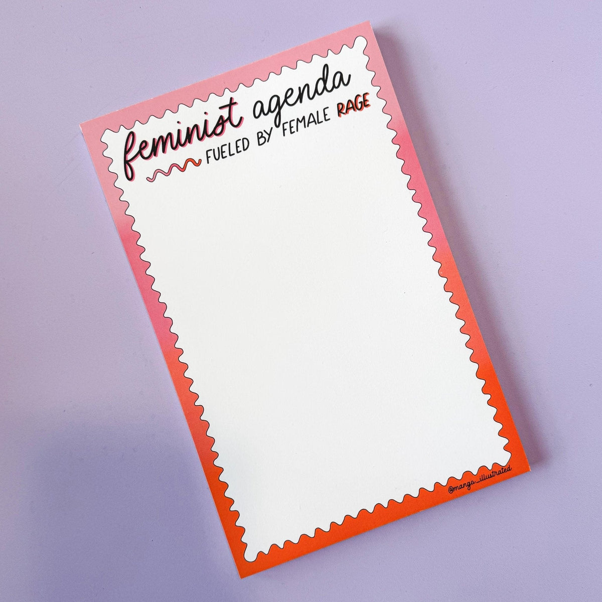 Feminist agenda notepad — pink gradient note pad shown in a cellophane sleeve by indie artist MangoIllustrated