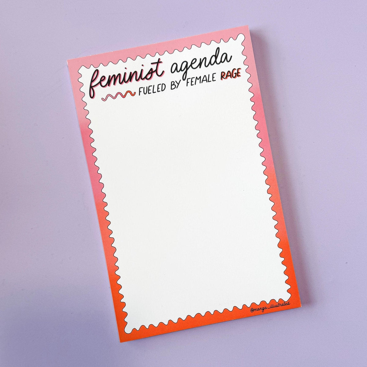Feminist agenda notepad — hand lettered notepad with a squiggly pink to orange to red gradient border, 8.5x5.5 inches, by MangoIllustrated