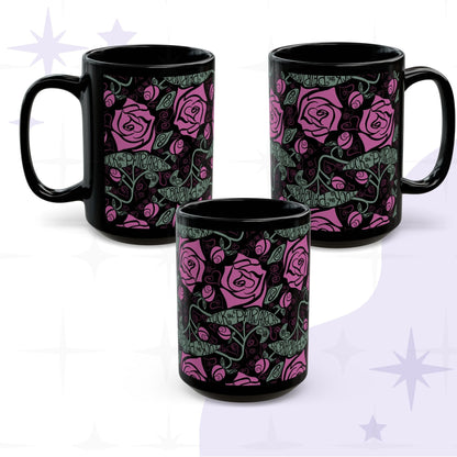Three black ceramic feminist mugs arranged in triangle formation showing full wrap fuchsia rose pattern with Fuck the Patriarchy hand-lettered ribbon banners in sage green