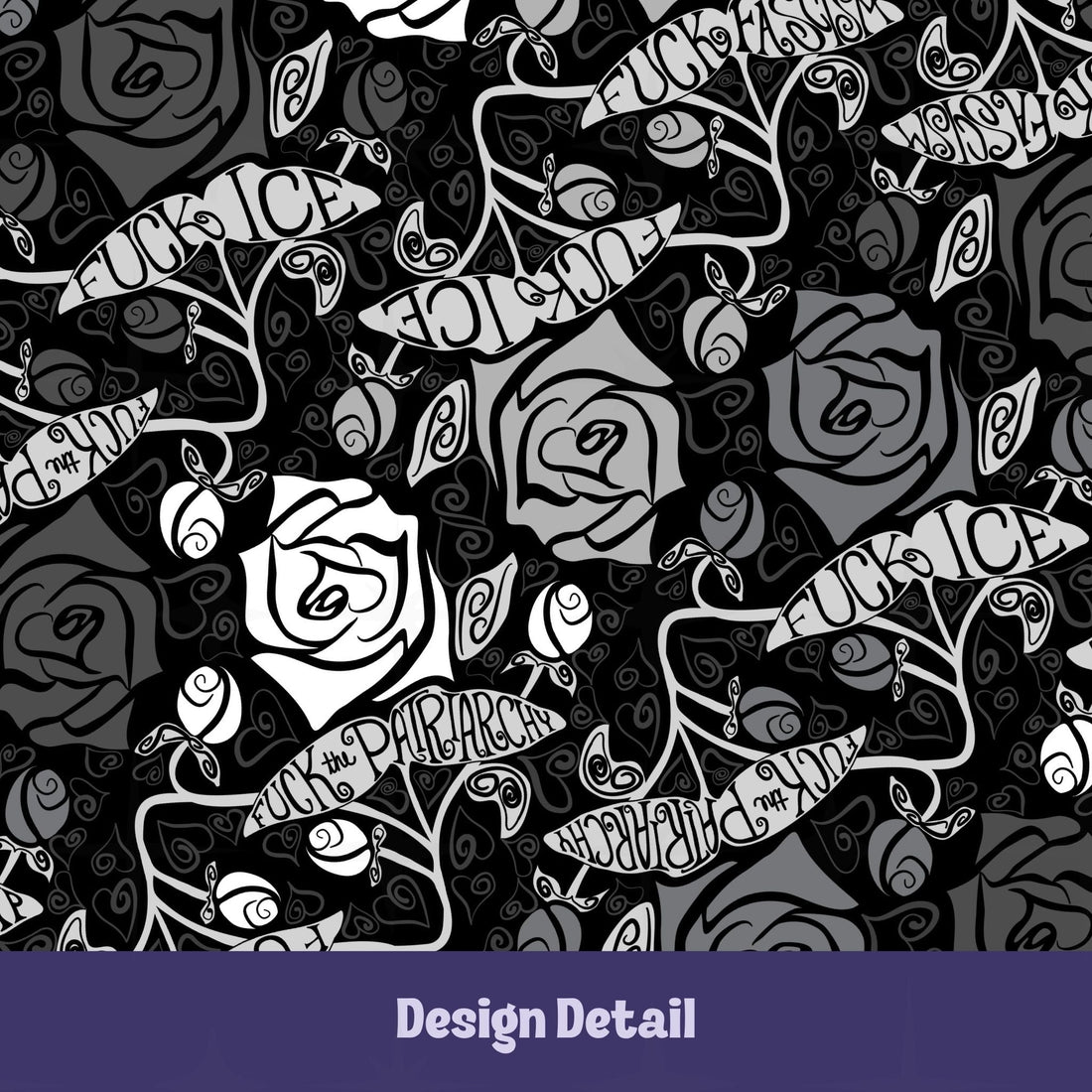 Close-up design detail of feminist hidden profanity serving platter showing hand drawn roses in black white and gray with hand lettered banners reading protest phrases in tattoo style script